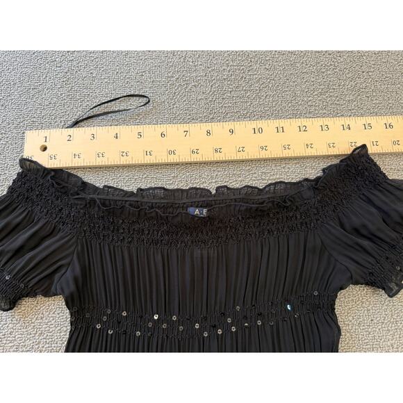 ABS Allen Schwartz Women XXS Sheer Black Sequin Beaded Tiered Ribbon Tie Dress‎ - Picture 4 of 14